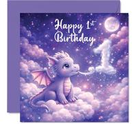 Cute 1st Birthday Card - Whimsical Purple Dragon Floating on Clouds - Magical First Birthday Scene - Perfect for Little Ones Who Love Fantasy - 145mm Square, Envelope Included