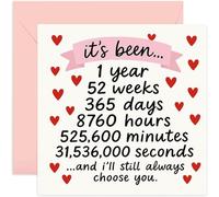 Cute 1st Wedding Anniversary Card for Wife Husband Girlfriend Boyfriend, One Year, Years Weeks Days Hours Seconds Romantic Design - Square, Blank Inside with Premium Envelope