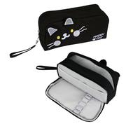 Cute 2-Compartment School Pencil Pen Case with Handle, Embroidered Cat Stationery Organizer for Girls Boys, Large Capacity Pouch for Students Office Supplies (Black)