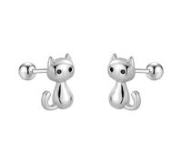Cute 20G Cat S925 Sterling Silver Stud Earrings - Minimalist Pet Animal Design with Ball Screw Back, Tiny Helix Cartilage Jewellery Gift for Women Cat Lovers (Silver)