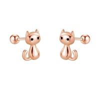 Cute 20G Cat S925 Sterling Silver Stud Earrings - Minimalist Pet Animal Design with Ball Screw Back, Tiny Helix Cartilage Jewellery Gift for Women Cat Lovers (Rose Gold)