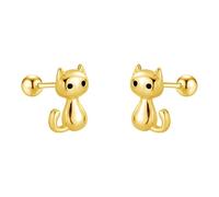 Cute 20G Cat S925 Sterling Silver Stud Earrings - Minimalist Pet Animal Design with Ball Screw Back, Tiny Helix Cartilage Jewellery Gift for Women Cat Lovers (Gold)