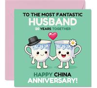 Cute 20th Anniversary Card for Husband - 20 Years of Cuppa Love - Playful Cups Couple Illustration - 145mm Square, Envelope Included