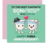 Cute 20th Anniversary Card for Son & Daughter in Law - Cheers to 20 Years - Adorable Cups Holding Hands on a Playful Anniversary Design - 145mm Square, Envelope Included