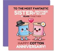 Cute 2nd Anniversary Card for Sister & Brother In Law - Playful Cotton Anniversary Card - Cartoon Spools of Thread Holding Hands - 145mm Square, Envelope Included