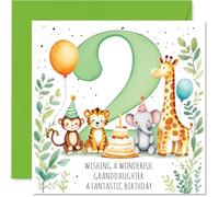 Cute 2nd Birthday Card for Granddaughter - Joyful Animal Party with Cake and Balloons - Big Number 2 Stands Out for a Memorable Celebration - 145mm Square, Envelope Included