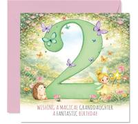 Cute 2nd Birthday Card for Granddaughter - Magical Birthday Wishes - Fairy, Hedgehog and Butterfly Friends Gathered Round a Big Green Number 2-145mm Square, Envelope Included