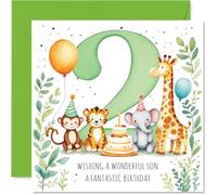 Cute 2nd Birthday Card for Son - Playful Celebration with Cheerful Animals and Bright Balloons - Big Number 2 and Birthday Cake Scene - 145mm Square, Envelope Included