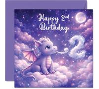Cute 2nd Birthday Card - Magical Dragon Perched on Fluffy Clouds - Dreamy Pastel Artwork for a Whimsical Birthday - 145mm Square, Envelope Included