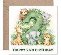 Cute 2nd Birthday Card - Wildly Adorable Birthday Fun - Green Number 2 with a Joyful Animal Gang - Playful Design Sure to Delight Little Ones - 145mm Square, Envelope Included