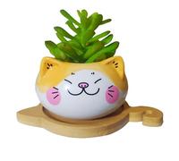 Cute 3.5 Inches Indoor Cartoon Animal Cat Shaped Ceramic Succulent Cactus Flower Plant Pots with Cat Shaped Bamboo Tray -Plant Not Included (Yellow with Cat Tary)