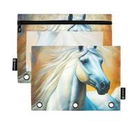 Cute 3 Ring Binder Pencil Pouch Majestic White Horse Mane Zipper Binder Pencil Bag Pen Clear Binders Pen Case School Storage 9.8" x 7.1", 2 Packs