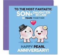 Cute 30th Anniversary Card for Son & Daughter in Law - Cheerful Pearls Holding Hands - Sweet Blue and Pink Design Celebrates 30 Years Together - 145mm Square, Envelope Included