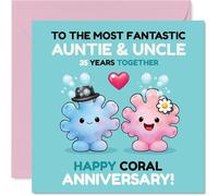 Cute 35th Anniversary Card for Auntie & Uncle - Cheery Coral Characters Mark 35 Years - Playful Love-themed Design in Blue and Pink - 145mm Square, Envelope Included