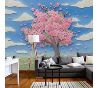 Cute 3D Cherry Blossom Tree 3D Panoramic Custom Wallpaper Mural, Botanical Oil Painting Photo Wallpaper Sky Blue Wallpapers Mural Poster Decoration For Bedroom Living Room Corridor, 350X256Cm