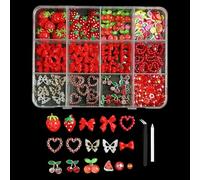Cute 3D Nail Charm Set Strawberry Heart Cherry Nail Charms Polymer Clay Fruit Slices Mini Metal Butterfly Charms Bow Fingernail Charm Manicure Jewels with Tweezer Pick Up Pen