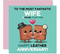 Cute 3rd Anniversary Card for Wife - Three Years of Love and Laughs - Adorable Wallets Holding Hands, Playful Leather Anniversary Design - 145mm Square, Envelope Included
