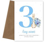 Cute 3rd Birthday Card - Blue Bunny Rabbit - Age 3 Year Old Birthday Card for Boy Nephew Son Great Grandson God Son Godson Cousin Keepsake on Third Bday