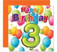 Cute 3rd Birthday Card - Bursting with Birthday Cheer - Colourful Balloons and Stars Design - Bright Fun for Their Special Day - 145mm Square, Envelope Included