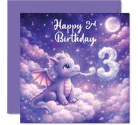 Cute 3rd Birthday Card - Magical Dragon on Fluffy Clouds - Dreamy Pastel Illustration with Birthday Sparkle - Sure to Enchant Little Imaginations - 145mm Square, Envelope Included