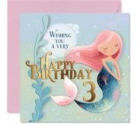 Cute 3rd Birthday Card - Make a Splash on Her Big Day - Whimsical Mermaid with Pastel Bubbles and Sea Plants - 145mm Square, Envelope Included