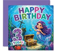 Cute 3rd Birthday Card - Make a Splash on Their Big Day - Whimsical Mermaid, Treasure Chest and Playful Sea Creatures - 145mm Square, Envelope Included