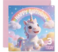Cute 3rd Birthday Card - Sparkle and Smiles on Their Big Day - Cheerful Unicorn with Rainbow in Pastel Pink - Magic for a Special 3rd Birthday - 145mm Square, Envelope Included
