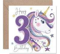 Cute 3rd Birthday Card - Sparkles and Unicorn Magic - Whimsical Unicorn with Glittery Stars in Vibrant Purple and Pink - 145mm Square, Envelope Included