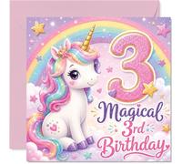 Cute 3rd Birthday Card - Sprinkle of Magic for Turning Three - Pastel Unicorn and Rainbow with Glittery Number - Bursting with Birthday Cheer - 145mm Square, Envelope Included