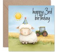 Cute 3rd Birthday Card - Sunshine Smiles All Round - Adorable Sheep in Party Hat with Tractor and Pastel Scene - 145mm Square, Envelope Included