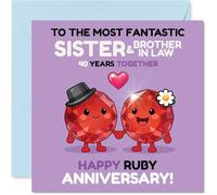 Cute 40th Anniversary Card for Sister & Brother In Law - Forty Years of Laughs - Adorable Ruby Characters Hand-in-hand - 145mm Square, Envelope Included