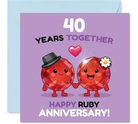 Cute 40th Anniversary Card - Two Adorable Ruby Gems Hand in Hand - Cartoon Design Celebrates 40 Years of Love - 145mm Square, Envelope Included