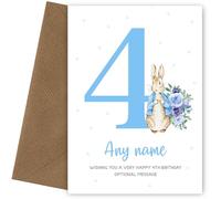 Cute 4th Birthday Card - Blue Bunny Rabbit - Age 4 Year Old Birthday Card for Boy Nephew Son Great Grandson God Son Godson Cousin Keepsake on Forth Bday