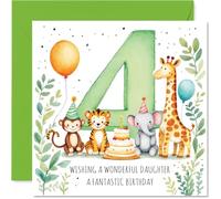 Cute 4th Birthday Card for Daughter - Bursting with Birthday Cheer - Adorable Animals and Bright Balloons Gather Round a Big Green 4-145mm Square, Envelope Included