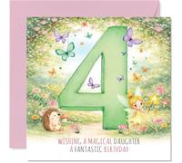 Cute 4th Birthday Card for Daughter - Sprinkle of Fairy Magic - Whimsical Number 4 Surrounded by Butterflies and Nature - 145mm Square, Envelope Included