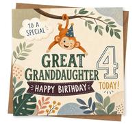 Cute 4th Birthday Card for Great Granddaughter, Special Monkey Design, Happy Birthday Greeting Card