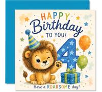 Cute 4th Birthday Card, Have a ROARSOME Day | Cheeky Lion in a Party Hat with Balloons and Starry Number 4, Bright and Playful Watercolour Art, 145mm Square