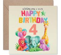 Cute 4th Birthday Card, Jungle Friends and Balloons Party | Colourful Animal Design with Playful Number 4, Bright and Cheerful for Little Ones, 145mm Square, Envelope Included