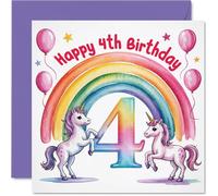 Cute 4th Birthday Card - Magical Birthday Wishes - Pastel Unicorn, Rainbow and Balloons - Whimsical Charm for Their Special Day - 145mm Square, Envelope Included