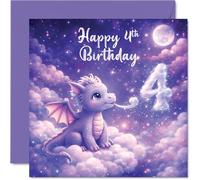 Cute 4th Birthday Card - Magical Fourth Birthday Wishes - Whimsical Dragon Perched on Fluffy Clouds - A Charming Way to Mark Their Special Day - 145mm Square, Envelope Included