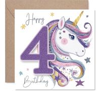 Cute 4th Birthday Card - Magical Unicorn and Glittery Number 4 - Whimsical Birthday Sparkle with Stars - Sure to Delight Little Dreamers - 145mm Square, Envelope Included