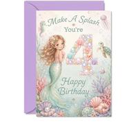 Cute 4th Birthday Card, Make a Splash on Their Big Day | Sparkly Mermaid and Sea Creatures with Pastel Underwater Scene, 5X7 Inch, Envelope Included