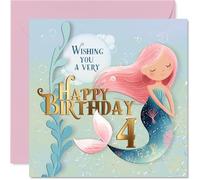 Cute 4th Birthday Card - Make a Splash Turning 4 - Whimsical Mermaid in Dreamy Pastel Hues - Sure to Delight Any Little Birthday Star - 145mm Square, Envelope Included