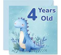 Cute 4th Birthday Card, Rawrsome Wishes for a Big Birthday | Watercolour Blue Dinosaur with Lush Foliage, 145mm Square, Envelope Included