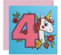 Cute 4th Birthday Card, Sparkly Birthday Magic | Smiling Unicorn and Bright Floral Design Beside a Bold Number 4-145mm Square, Envelope Included