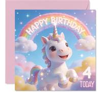 Cute 4th Birthday Card - Sprinkle Some Birthday Magic - Whimsical Unicorn and Rainbow Surrounded by Pastel Clouds - Sure to Brighten the Big Day - 145mm Square, Envelope Included