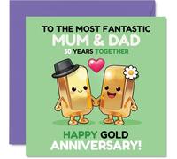 Cute 50th Anniversary Card for Mum & Dad - Golden Giggles for Their Big 5-0 - Adorable Gold Bar Characters with Pops of Pink and Green - 145mm Square, Envelope Included