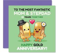 Cute 50th Anniversary Card for Stepdad & Mum - Playful Gold Bar Duo Marks Five Decades - Adorable Illustration Celebrates 50th - 145mm Square, Envelope Included