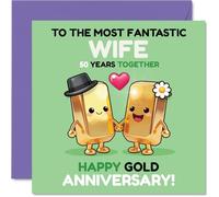 Cute 50th Anniversary Card for Wife - Adorable Gold Bar Characters Marking 50 Years - Sparkling Hearts and Cheerful Colours - 145mm Square, Envelope Included
