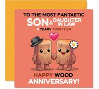 Cute 5th Anniversary Card for Son & Daughter in Law - Adorable Wooden Duo Celebrating Five Years - 145mm Square, Envelope Included